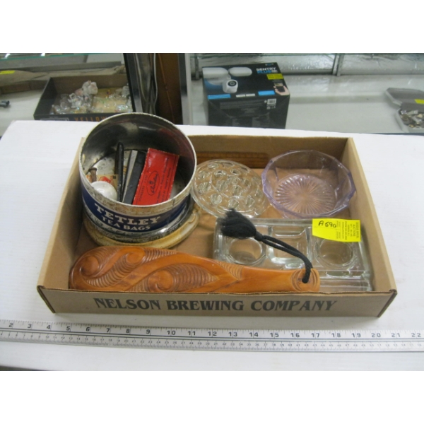 MISC. TIN W/STAPLER, WOODEN PADDLE, ETC.