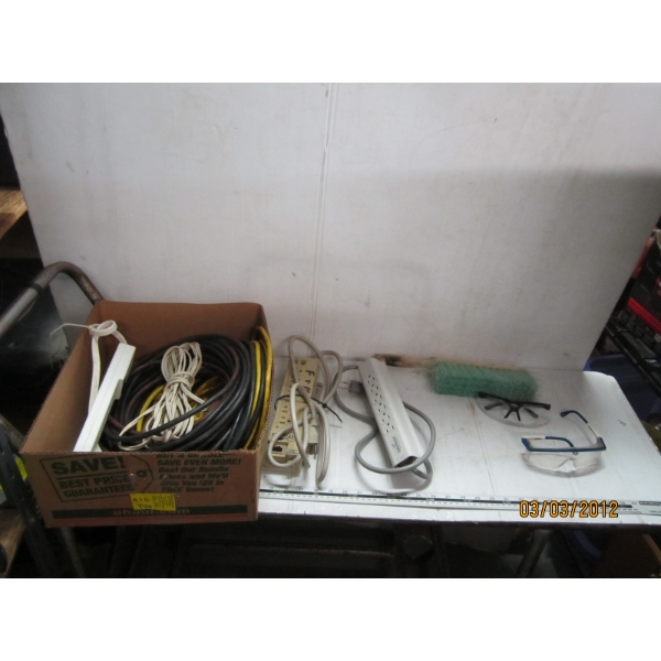 ASST. EXTENSION CORDS, POWER BARS, BRUSH, ETC.