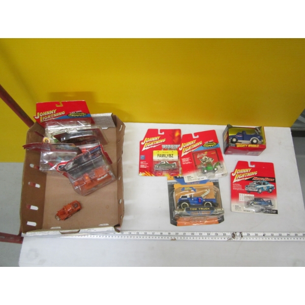BOX OF ASST. SM. TOY TRUCKS, DIECAST VEHICLES, ETC.