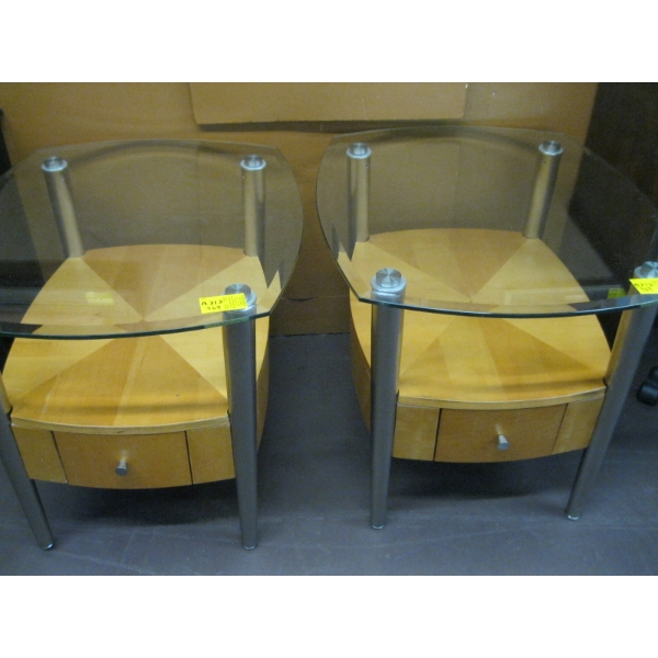 PAIR OF SINGLE DRAWER GLASS TOP METAL & WOOD END TABLES