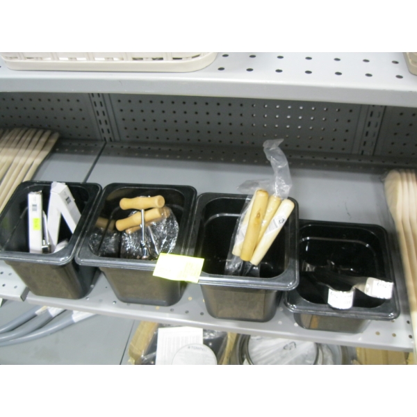 4 BLACK CONTAINERS W/MISC. CONTENTS: CORKSCREWS, POTATO PEELER, TONGS, ETC.