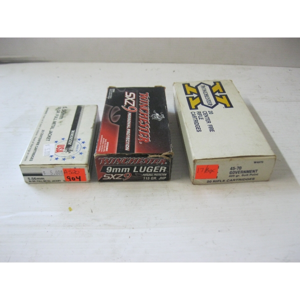 3 BOXES OF SHELLS - 5.56MM, 9MM LUGER & 45-70GOVT|3X20