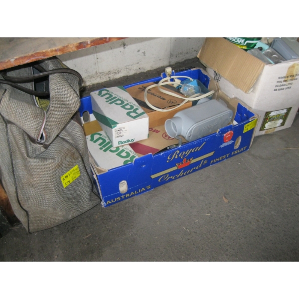 2 BOXES & BAG OF NEW ELECTRICAL FITTINGS, ROPE, ETC.