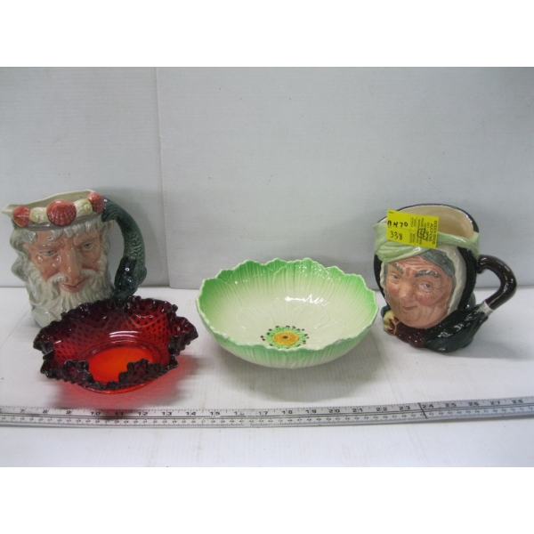 2 ROYAL DAULTON TOBY JUGS, RUBY GLASS DISH, ETC.