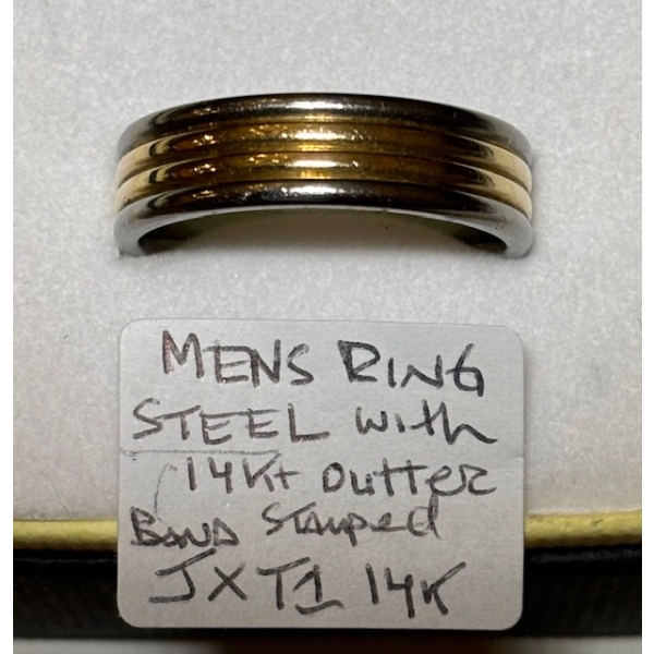 MENS STEEL RING W/14KT OUTTER BAND STAMPED JXT1 14K, SZ 12 3/4
