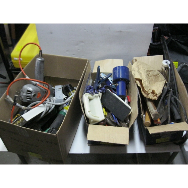 3 BOXES OF MISC. TOOLS - ELECTRIC DRILL, POWER BARS, ETC.