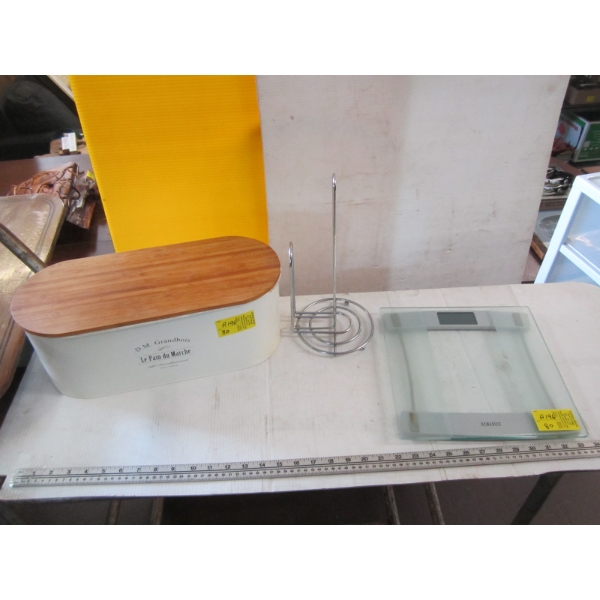ELECTRONIC SCALE, PAPER TOWEL HOLDER & WOODEN LIDDED TIN CONTAINER