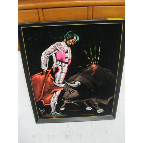 FRAMED MCM VELVET PICTURE OF BULLFIGHTER, SIGNED