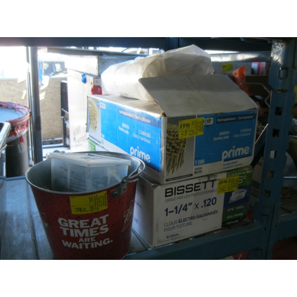 2 BOXES OF 1 1/4" AIR NAILING NAILS & PAIL OF MISC. SCREWS, ETC.