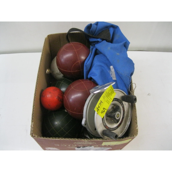 MISC. BOCCE BALLS, FISHING REEL, ETC.
