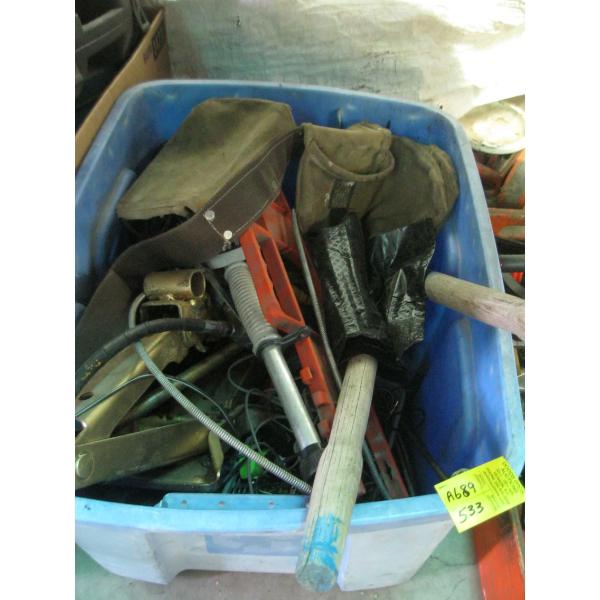 PLASTIC BIN W/ASST. JACKS, NAIL POUCH, PRUNERS, ETC.