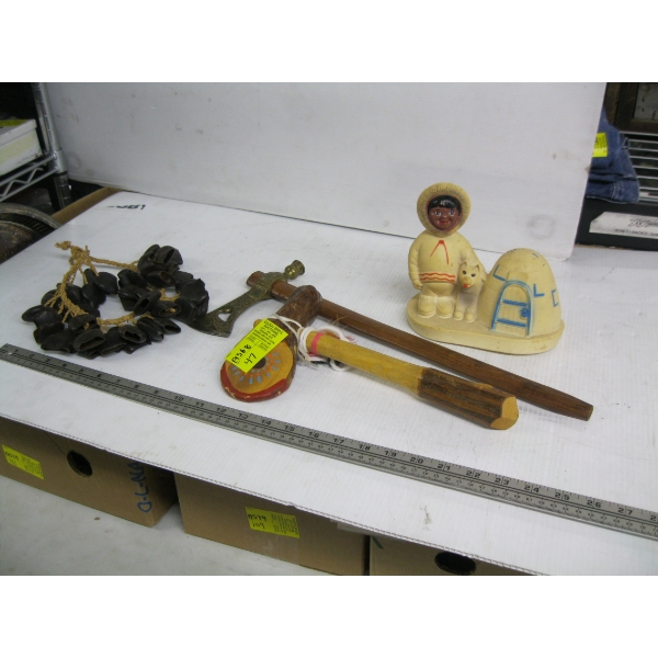 PLASTIC INUIT FIGURINE W/IGLOO, DECORATIVE HATCHET, ETC.
