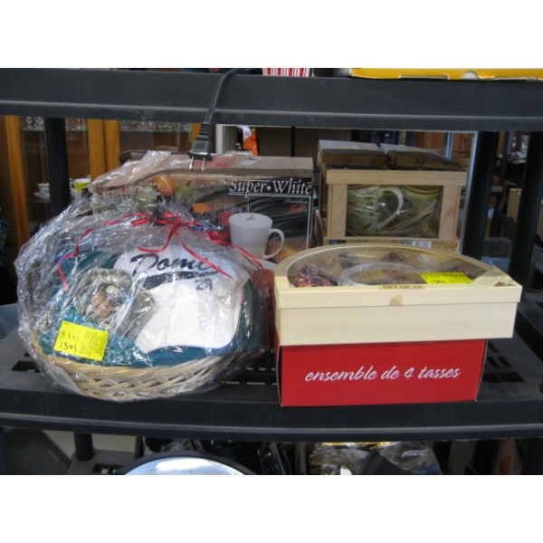 SM. TEACUP & SAUCER SET, 4 MUGS & A TIE DOMI BASKET, HAT, ETC.