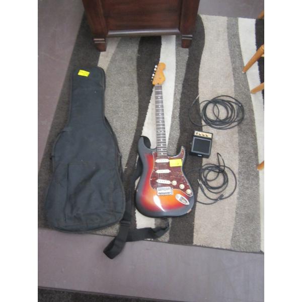 SQUIRE STRATOCASTOR BY FENDER ELECTRIC GUITAR W/CASE, MINI AMP & ASST. WIRES