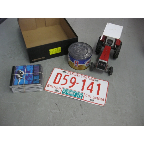 MASSEY FERGUSON TRACTOR, ALBERTA LICENCE PLATE CDs & A TIN