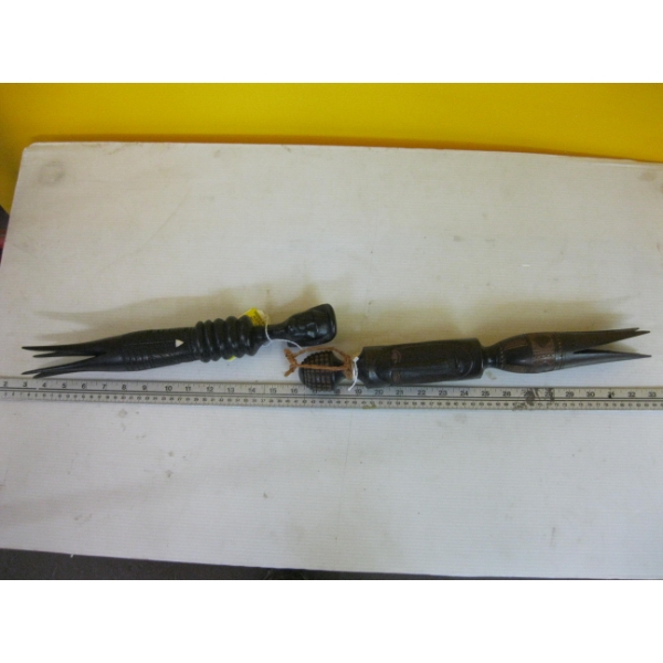 2 CANNIBAL EATING FORKS - CARVED & INLAID