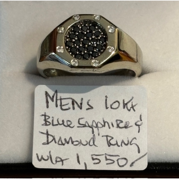 SZ 10.5 MENs 10KT BLUE SAPPHIRE DIAMOND RING W/A $1,550