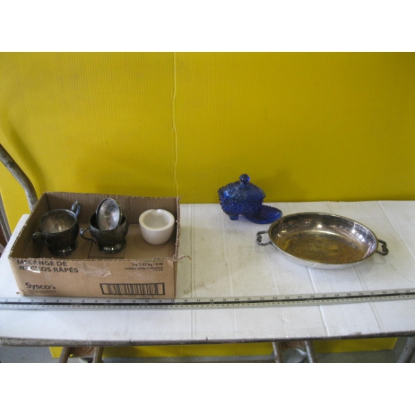 SILVERPLATE ITEMS, LIDDED GLASS DISH, ETC.