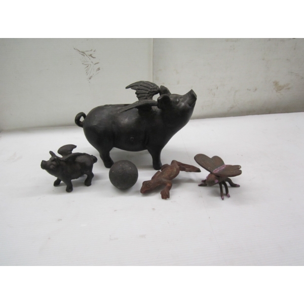 FIGURINES, CAST IRON, FLYING PIGS, GECKO, ETC.