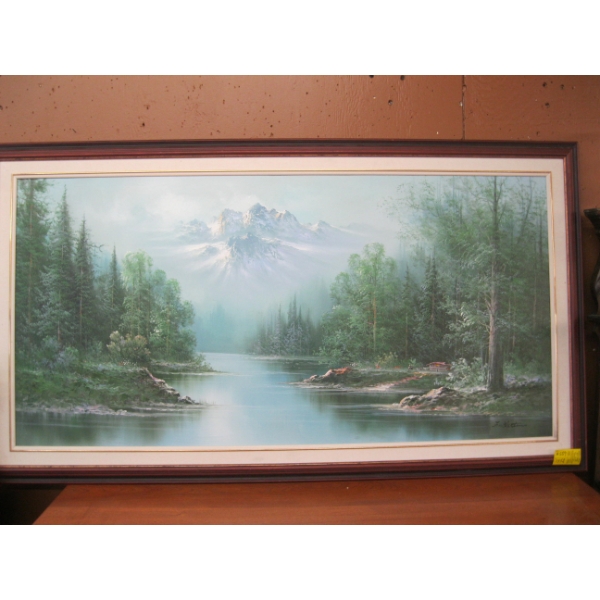 LG. FRAMED PAINTING "THE MOUNTAIN & LAKE" SCENE, SIGNED