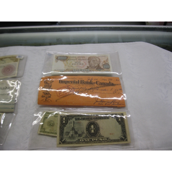 1921 RODEZ COIL CO. DEBENTURE BOND, CDN CANCELLED CHEQUES (1942 & 1950) & MISC. COUNTRY CURRENCY