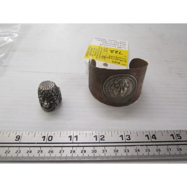 VINTAGE COPPER OVER SILVER PLATED CUFF BRACELET & A PEWTER GOBLIN FACE THIMBLE