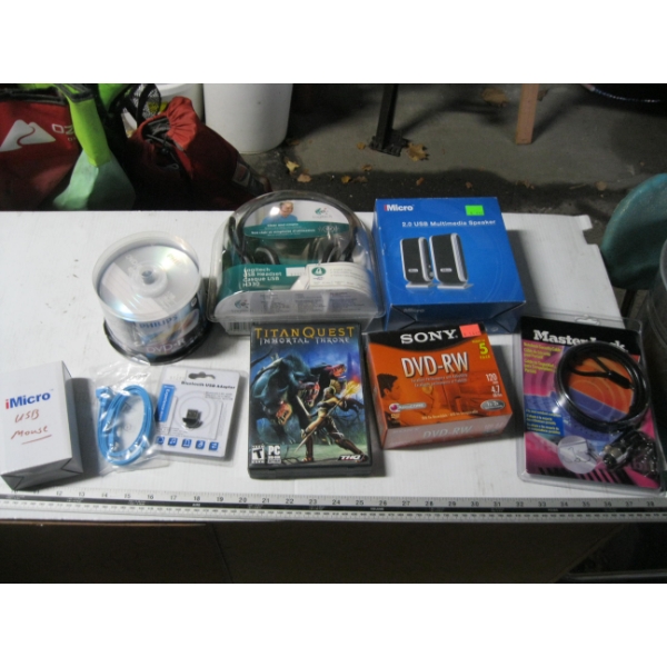 BOX OF NEW COMPUTER ITEMS - HEADSET, SPEAKERS, ETC.
