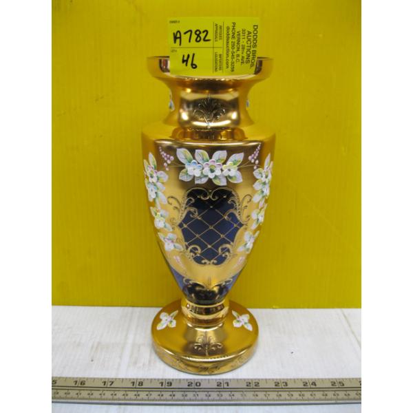 GOLD & PAINTED EMBOSSED OVER COBALT BLUE GLASS