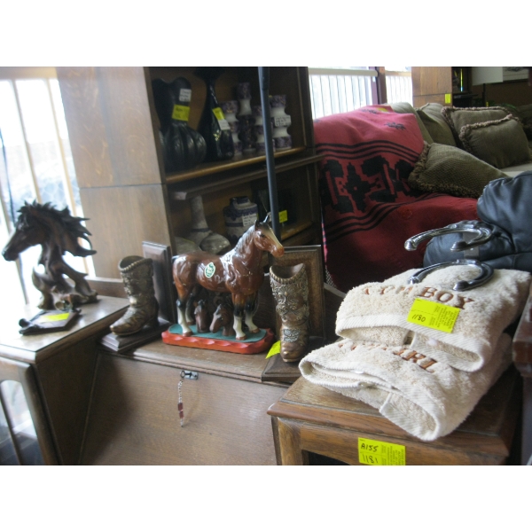 WESTERN LOOK ITEMS - BOOK ENDS, HORSE, FIGURINES, ETC.