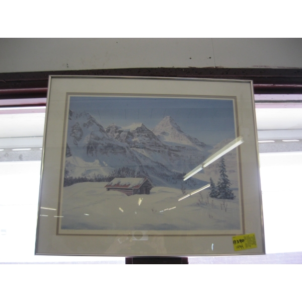 FRAMED PICTURE OF WINTER SCENE, CABIN & MOUNTAINS