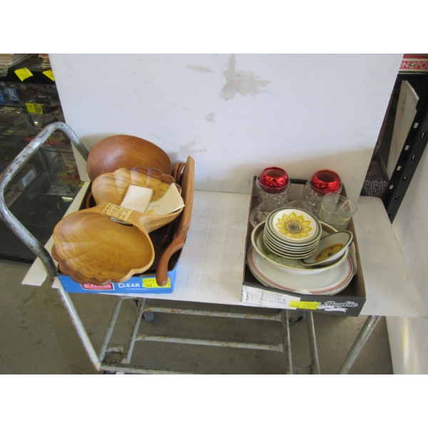 2 BOXES OF MISC. CANDLEHOLDERS, DESSERT DISHES, WOODEN BOWLS, ETC.