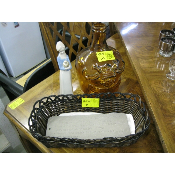 BASKET W/STONE, LG. DECANTER & FIGURINE