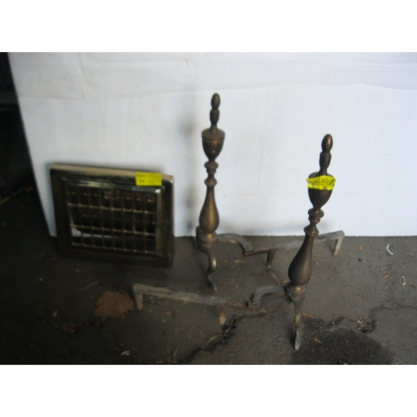 PAIR OF FIRE DOGS & A METAL GRATE