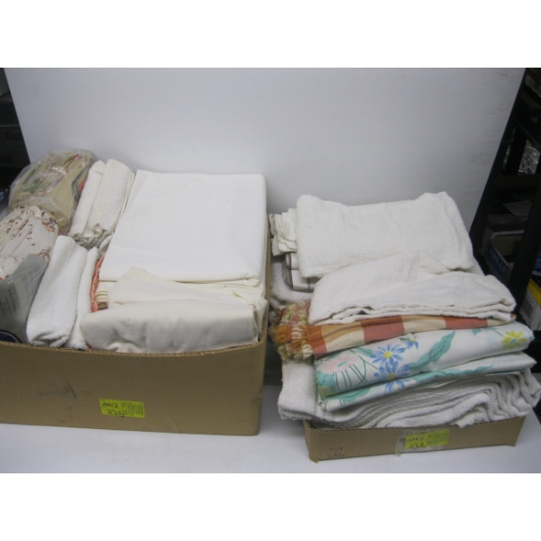 2 BOXES OF ASST. BEDDING, TOWELS, ETC.