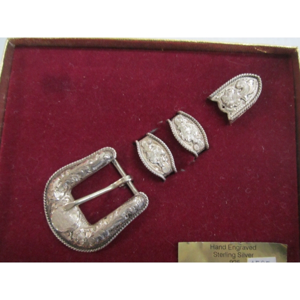 HAND ENGRAVED STERLING SILVER .925 BELT SET - MARKED