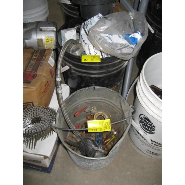 2 BUCKETS OF MISC. PLUMBING PIECES, VALVES, CLAMPS, ETC.