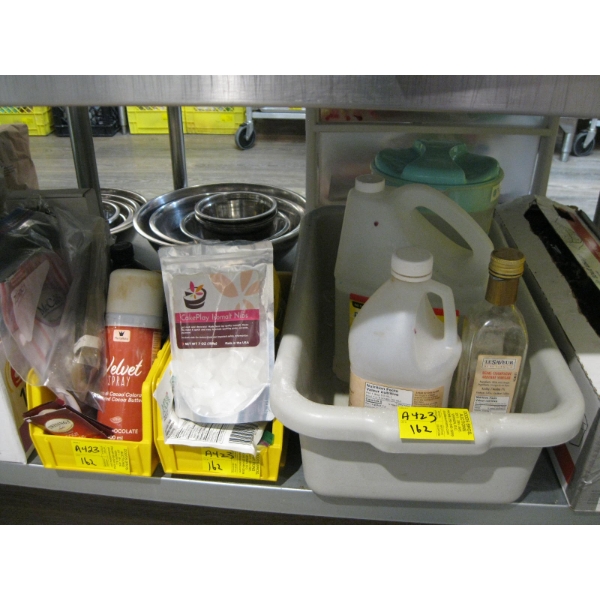 BIN & 2 PLASTIC TRAYS OF MISC. FOOD ITEMS, VINEGAR, SALT, ETC.