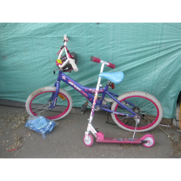 KIDs PURPLE SPORT TECH MTN. BIKE & BARBIE 2 WHEEL SCOOTER W/HELMET & KNEE PADS