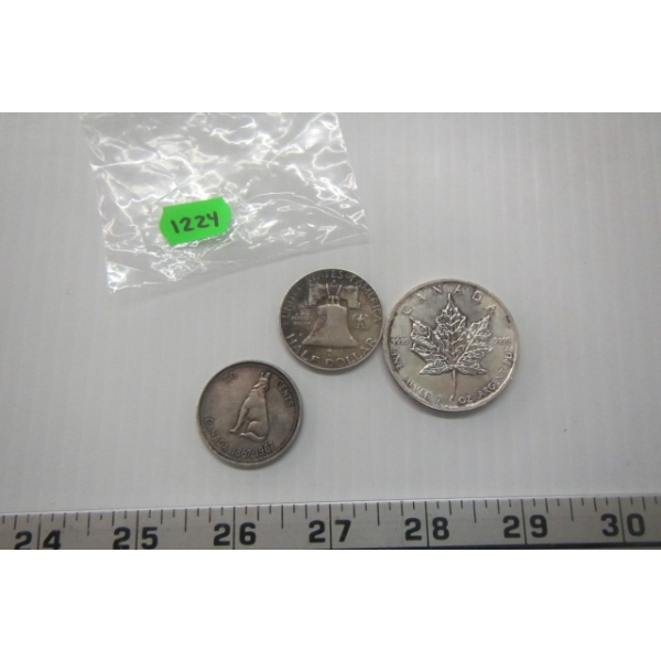 2011 CDN 1 OZ .999 SILVER COIN (TAX EXEMPT) & CDN 1967 50 CENT COIN & A US 1957 50 CENT COIN