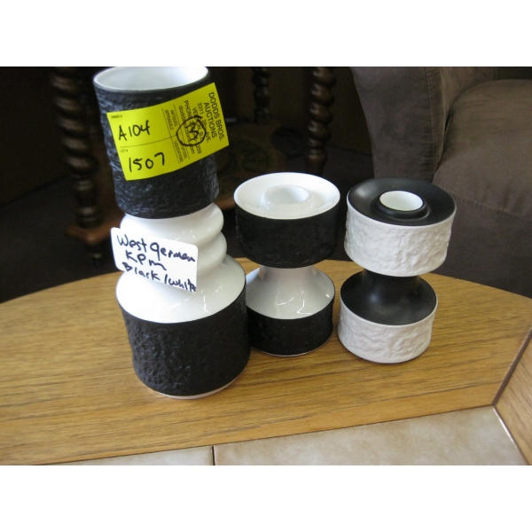 3 WEST GERMAN KPM BLACK & WHITE VASE & CANDLEHOLDERS