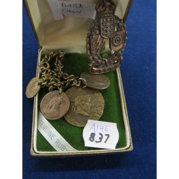 PREMIERS DINNER TOKEN, COPPER PIN & BRACELET