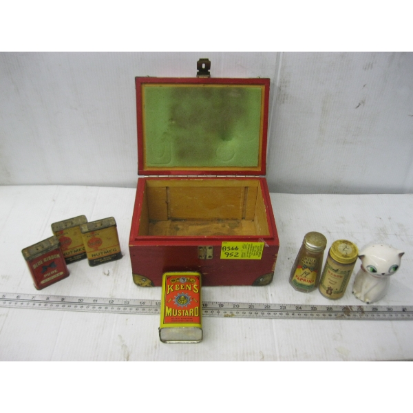 WOODEN BOX W/ASST. KITCHEN SPICE TINS/BOTTLES & A CAT FIGURINE