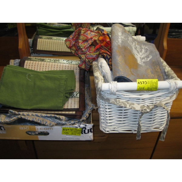 BOX & BASKET OF MISC. TABLECLOTHS, PLACEMATS, ETC.