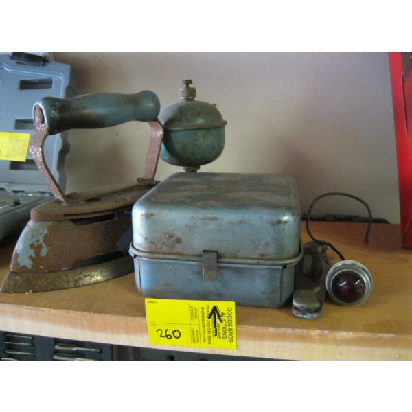 VINTAGE IRON, SM. SINGLE BURNER CAMPSTOVE, OLD TIMER KNIFE, ETC.