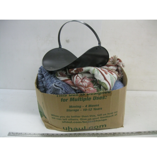 MISC. WOOL SWEATERS, THROWS, BLANKETS & WOOD HOLDER