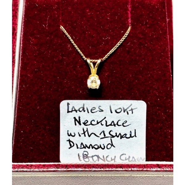 LADIES 10KT NECKLACE W/1 SMALL DIAMOND, 18" CHAIN