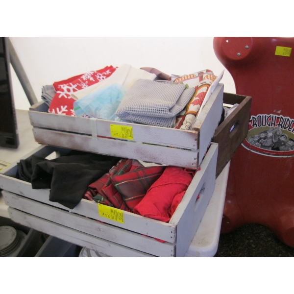 3 WOODEN BOXES W/MISC. TABLECLOTHS, WINERY FLAGS, ETC.
