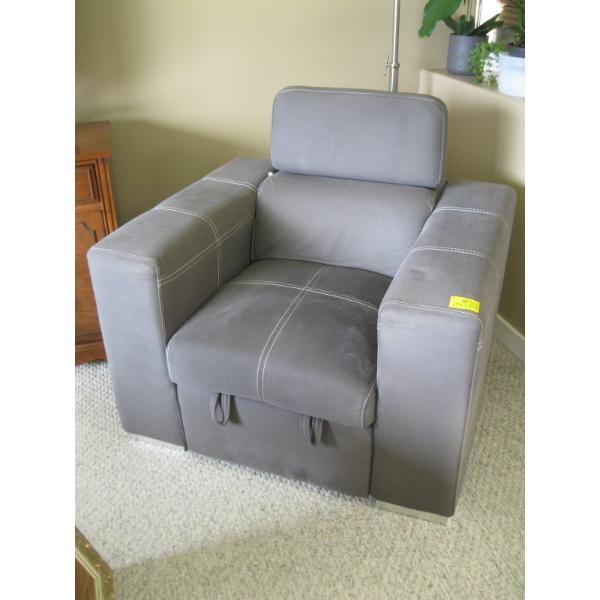 GREY UPHOLSTERED CHAIR W/PULLOUT FOOTREST & PADDED STORAGE STOOL - NOT BLANKET