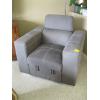 Image 1 : GREY UPHOLSTERED CHAIR W/PULLOUT FOOTREST & PADDED STORAGE STOOL - NOT BLANKET