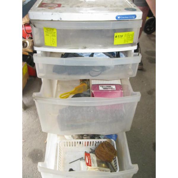 PLASTIC STORAGE BIN W/CONTENTS & SM. WOODEN 3 LEG STOOL